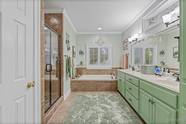 378 Winding Wood Dr, Wetumpka, AL 36093 - full bathroom featuring a chandelier, a garden tub, double vanity, ornamental molding, and a shower stall