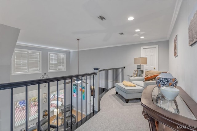 378 Winding Wood Dr, Wetumpka, AL 36093 - living area featuring crown molding, recessed lighting, ceiling fan, and an upstairs landing