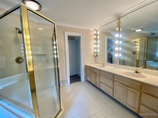 400 Millcreek Rd, Wetumpka, AL 36093 - bathroom featuring double vanity, tile patterned floors, a shower stall, and crown molding