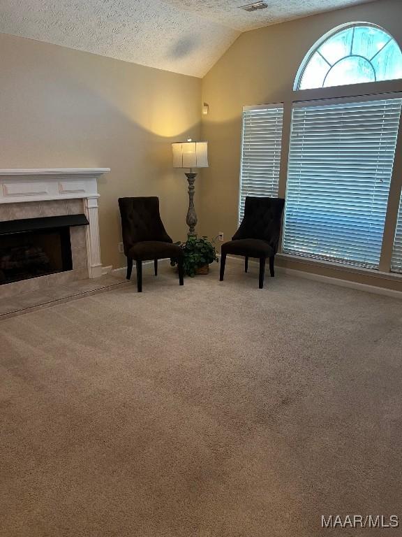 9324 Bristlecone Dr, Montgomery, AL 36117 - living area with lofted ceiling, carpet floors, a textured ceiling, and a fireplace with raised hearth