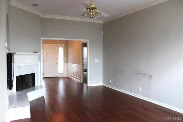 2108 Halcyon Downs Loop, Montgomery, AL 36117 - unfurnished living room with a ceiling fan, wood finished floors, ornamental molding, and a tile fireplace