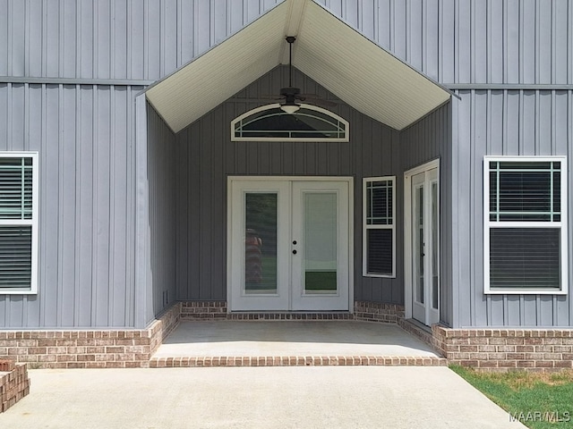 101 Regans Way S, Deatsville, AL 36022 - property entrance featuring ceiling fan, board and batten siding, and french doors