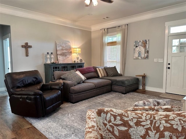 447 Cloverdale Rd, Greenville, AL 36037 - living room with wood-type flooring, ornamental molding, and ceiling fan