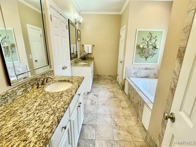 9865 Wynchase Cir, Montgomery, AL 36117 - full bathroom featuring two vanities, a tub with jets, ornamental molding, and marble look tile flooring