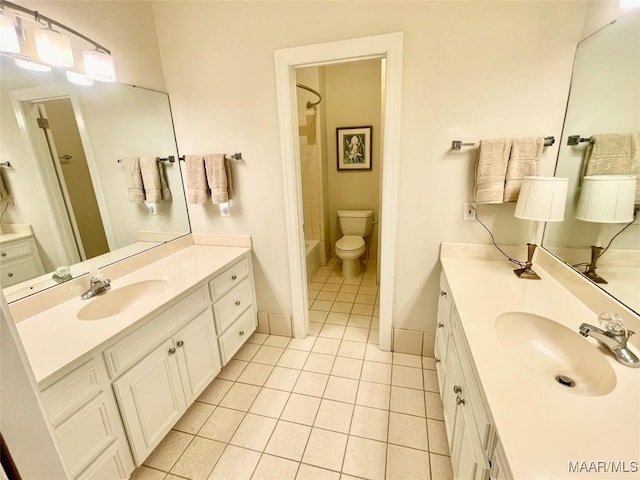 9865 Wynchase Cir, Montgomery, AL 36117 - bathroom with tile patterned floors, two vanities, and shower / bath combination with curtain