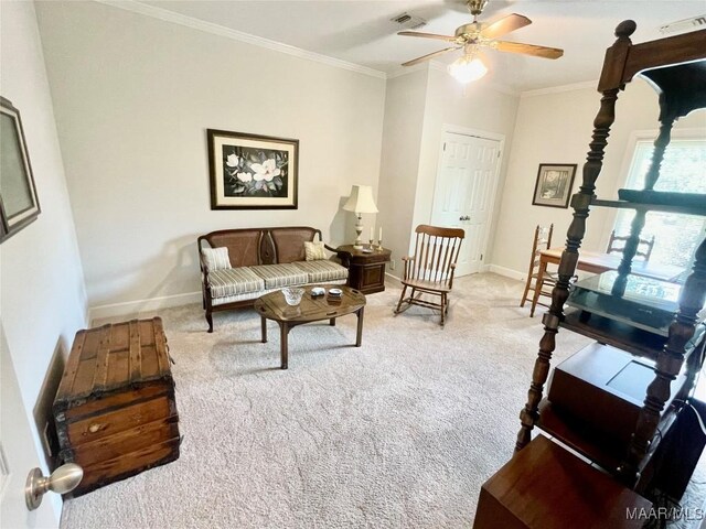 9865 Wynchase Cir, Montgomery, AL 36117 - carpeted living area with crown molding and ceiling fan