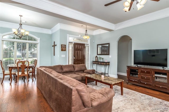 204 Village Way, Wetumpka, AL 36093 - living room featuring arched walkways, a ceiling fan, wood finished floors, crown molding, and a chandelier