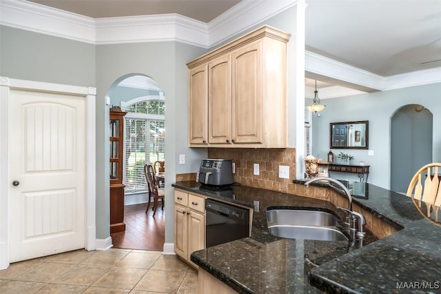 204 Village Way, Wetumpka, AL 36093 - kitchen featuring dishwasher, arched walkways, light brown cabinets, ornamental molding, and decorative backsplash