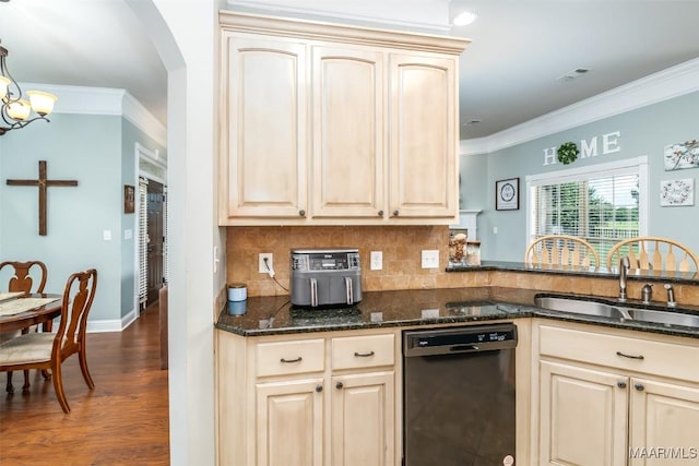 204 Village Way, Wetumpka, AL 36093 - kitchen with dishwasher, ornamental molding, decorative backsplash, arched walkways, and dark stone counters