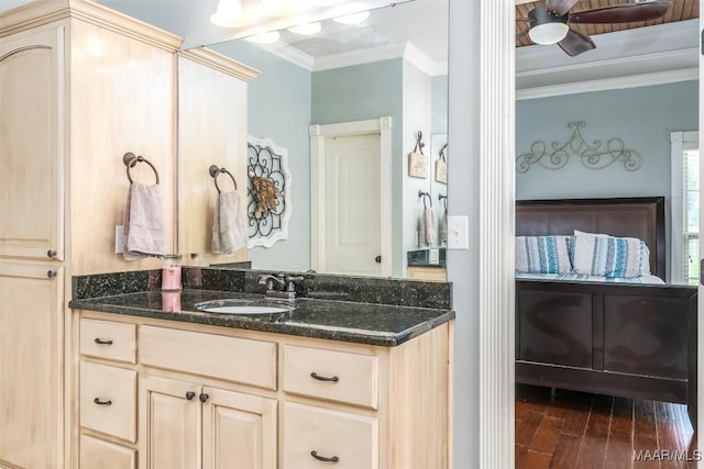 204 Village Way, Wetumpka, AL 36093 - bathroom with ornamental molding, vanity, wood finished floors, and a ceiling fan