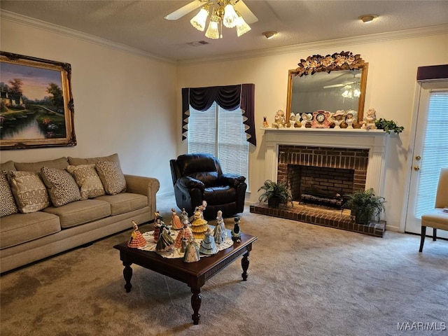 2714 Luverne Hwy, Greenville, AL 36037 - carpeted living area featuring ornamental molding, a ceiling fan, and a fireplace