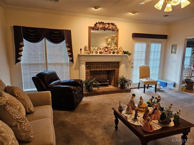 2714 Luverne Hwy, Greenville, AL 36037 - carpeted living room featuring ornamental molding, a fireplace, and ceiling fan