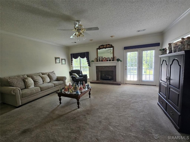 2714 Luverne Hwy, Greenville, AL 36037 - carpeted living room featuring healthy amount of natural light, a brick fireplace, ceiling fan, ornamental molding, and a textured ceiling