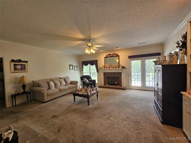 2714 Luverne Hwy, Greenville, AL 36037 - living room featuring light colored carpet, ornamental molding, a ceiling fan, a textured ceiling, and a fireplace