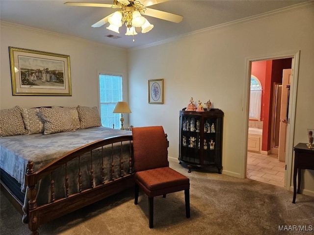 2714 Luverne Hwy, Greenville, AL 36037 - carpeted bedroom with crown molding, ensuite bathroom, and a ceiling fan