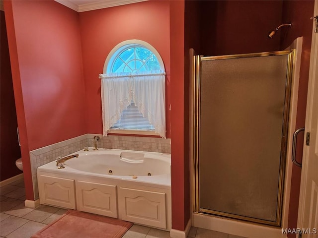 2714 Luverne Hwy, Greenville, AL 36037 - full bath with tile patterned floors, a shower stall, a tub with jets, and ornamental molding