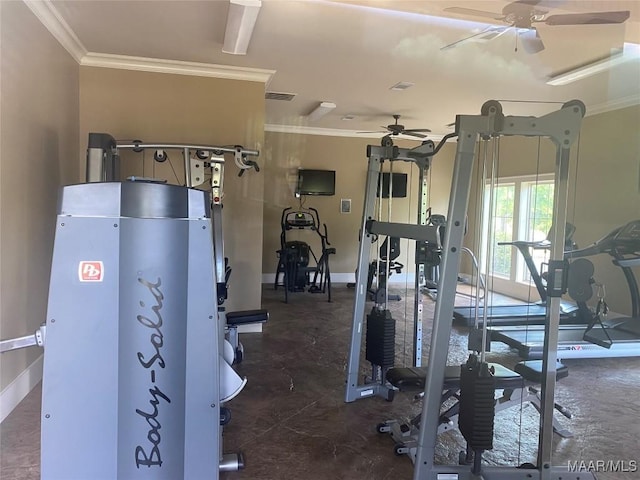 178 Natures Trl, Wetumpka, AL 36093 - exercise room featuring a ceiling fan and crown molding