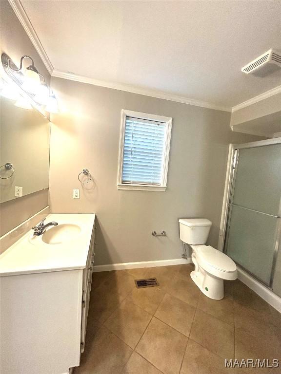 2 Rolling Hills Cir, Camden, AL 36726 - full bathroom featuring crown molding, vanity, tile patterned flooring, and a shower stall