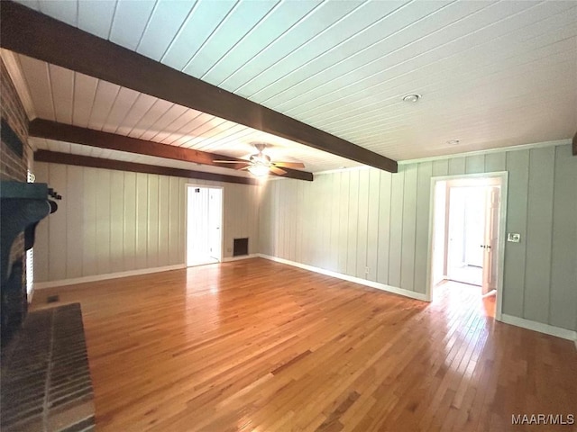 2 Rolling Hills Cir, Camden, AL 36726 - unfurnished living room featuring hardwood / wood-style flooring, a ceiling fan, a wooden ceiling with exposed beams, wood walls, and a wood stove