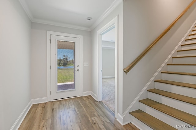 97 Abbington Blvd, Pike Road, AL 36064 - doorway to outside featuring light wood-style floors, stairs, and ornamental molding