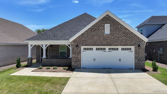 97 Abbington Blvd, Pike Road, AL 36064 - view of front of house with a garage, brick siding, driveway, a porch, and roof with shingles