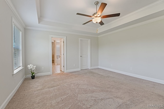 97 Abbington Blvd, Pike Road, AL 36064 - unfurnished bedroom with a raised ceiling, multiple windows, crown molding, light colored carpet, and ceiling fan