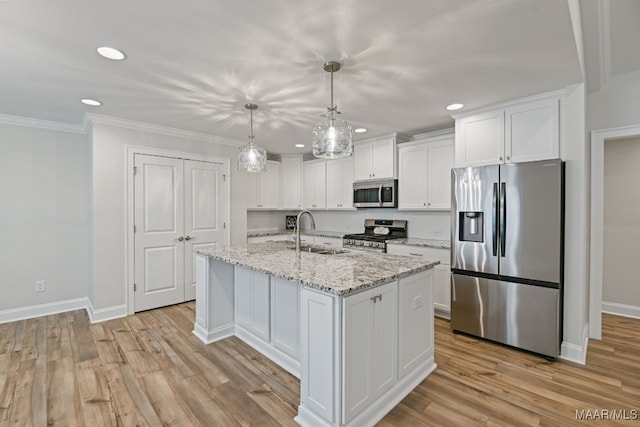 97 Abbington Blvd, Pike Road, AL 36064 - kitchen with appliances with stainless steel finishes, white cabinetry, recessed lighting, ornamental molding, and light wood-style floors