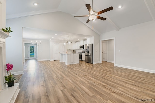 97 Abbington Blvd, Pike Road, AL 36064 - unfurnished living room with a chandelier, ceiling fan, high vaulted ceiling, light wood finished floors, and recessed lighting