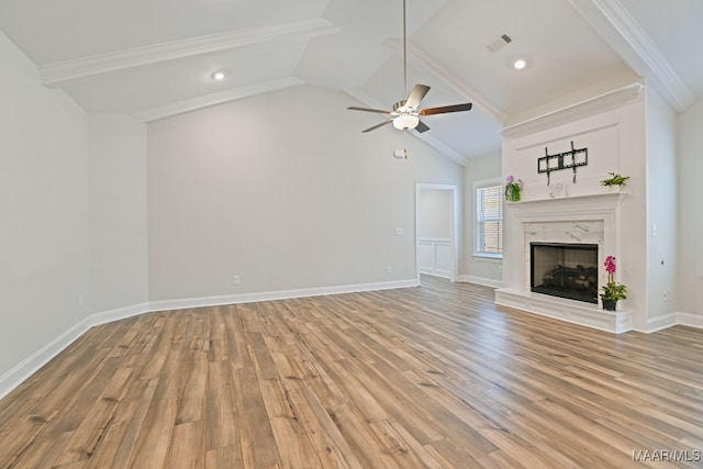 97 Abbington Blvd, Pike Road, AL 36064 - unfurnished living room with ceiling fan, light wood-style flooring, a high end fireplace, and high vaulted ceiling
