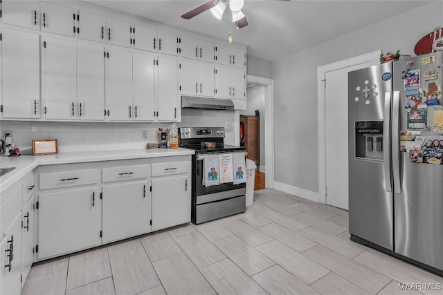 17 Calhoun Rd, Montgomery, AL 36109 - kitchen featuring stainless steel appliances, under cabinet range hood, ceiling fan, white cabinets, and light countertops