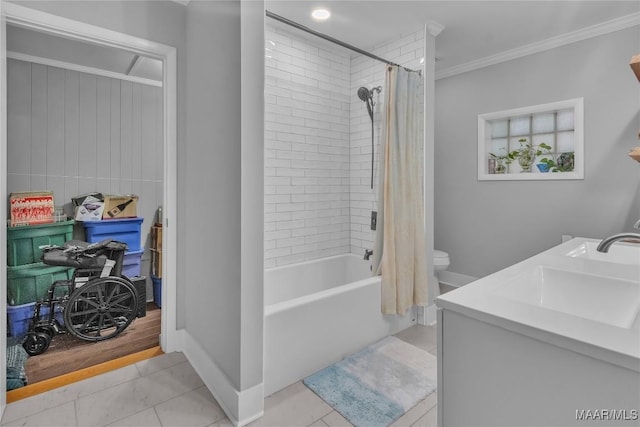 17 Calhoun Rd, Montgomery, AL 36109 - full bathroom featuring shower / tub combo with curtain, ornamental molding, and double vanity