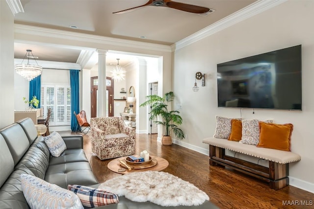 8712 Old Marsh Way, Montgomery, AL 36117 - living area featuring wood finished floors, ceiling fan, ornamental molding, ornate columns, and a chandelier