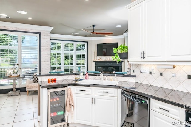 8712 Old Marsh Way, Montgomery, AL 36117 - kitchen with beverage cooler, black dishwasher, crown molding, a ceiling fan, and a peninsula