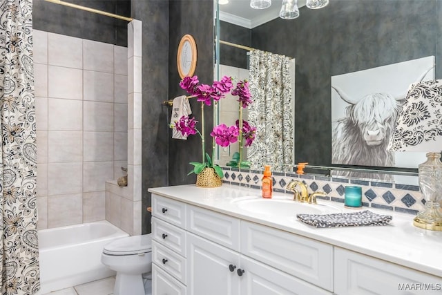 8712 Old Marsh Way, Montgomery, AL 36117 - full bathroom featuring vanity, shower / tub combo with curtain, tile patterned flooring, ornamental molding, and tasteful backsplash