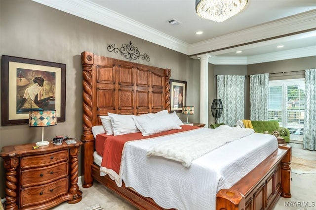 8712 Old Marsh Way, Montgomery, AL 36117 - bedroom featuring decorative columns, ornamental molding, a chandelier, light colored carpet, and recessed lighting