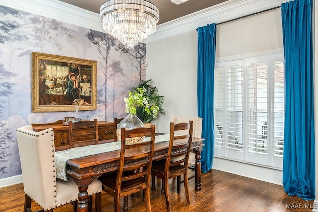 8712 Old Marsh Way, Montgomery, AL 36117 - dining space with wallpapered walls, a chandelier, crown molding, and wood finished floors