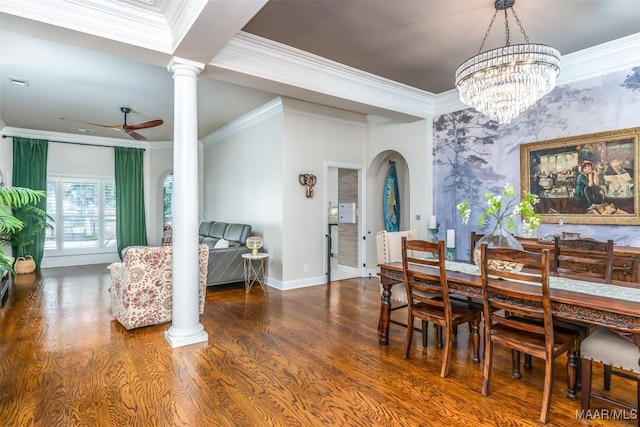 8712 Old Marsh Way, Montgomery, AL 36117 - dining room featuring arched walkways, a ceiling fan, crown molding, an accent wall, and wood finished floors