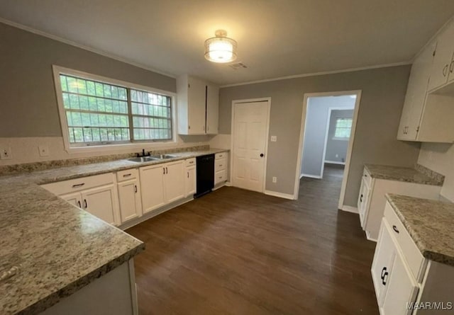 123 Hobbie Dr, Montgomery, AL 36105 - kitchen with ornamental molding, black dishwasher, dark wood finished floors, white cabinetry, and plenty of natural light