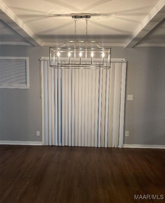 123 Hobbie Dr, Montgomery, AL 36105 - unfurnished dining area featuring wood finished floors, beam ceiling, and a chandelier
