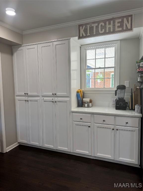 3549 Audubon Rd, Montgomery, AL 36111 - kitchen featuring ornamental molding, dark wood-type flooring, light countertops, and white cabinets