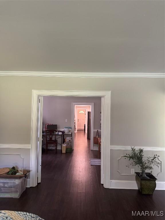 3549 Audubon Rd, Montgomery, AL 36111 - corridor with a desk, dark wood finished floors, and crown molding