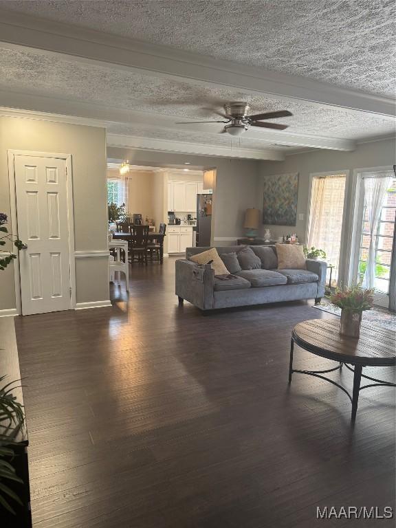 3549 Audubon Rd, Montgomery, AL 36111 - living room featuring a ceiling fan, healthy amount of natural light, a textured ceiling, dark wood-style floors, and beamed ceiling