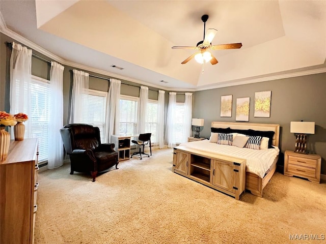 267 River Birch Cir, Wetumpka, AL 36093 - bedroom with light carpet, a tray ceiling, ornamental molding, and ceiling fan