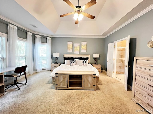 267 River Birch Cir, Wetumpka, AL 36093 - bedroom featuring light carpet, a tray ceiling, an office area, crown molding, and a ceiling fan