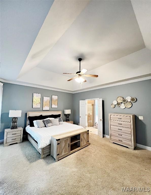 267 River Birch Cir, Wetumpka, AL 36093 - bedroom featuring a tray ceiling, carpet, ornamental molding, a ceiling fan, and ensuite bathroom