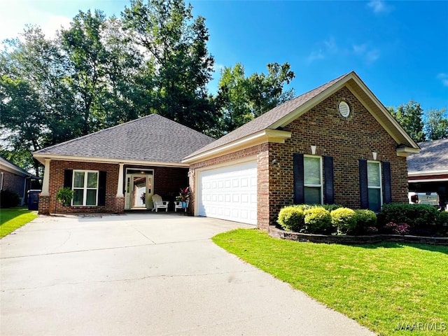 267 River Birch Cir, Wetumpka, AL 36093 - view of front facade with brick siding, driveway, an attached garage, a front yard, and a shingled roof
