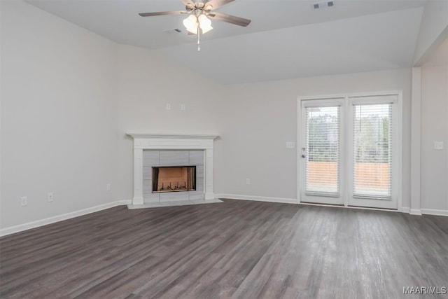 67 Gaines Ct, Wetumpka, AL 36092 - unfurnished living room featuring vaulted ceiling, a ceiling fan, dark wood-style floors, and a fireplace