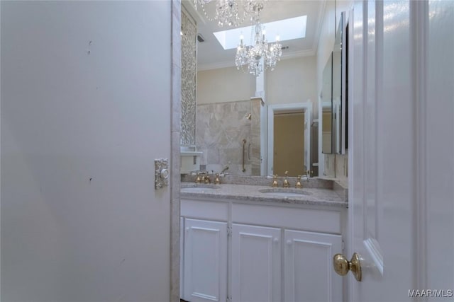 1609 Wentworth Dr, Montgomery, AL 36106 - full bathroom with ornamental molding, a skylight, double vanity, a chandelier, and a shower