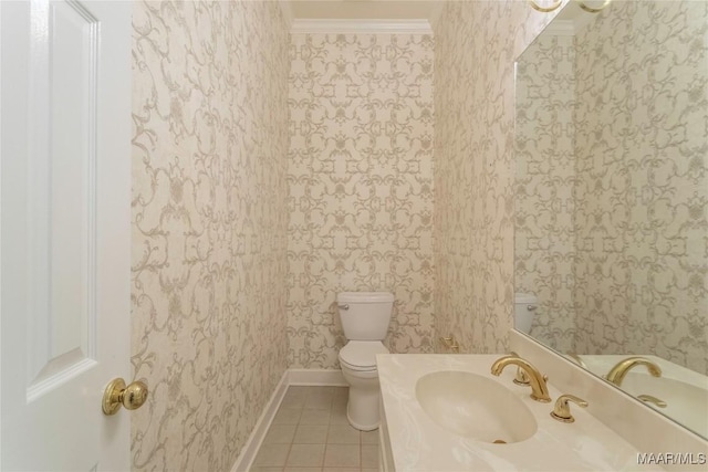 1609 Wentworth Dr, Montgomery, AL 36106 - bathroom with tile patterned flooring, crown molding, wallpapered walls, and vanity
