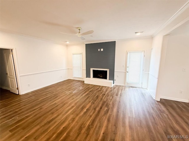 8524 Plantation Ridge Rd, Montgomery, AL 36116 - unfurnished living room with ornamental molding, ceiling fan, wood finished floors, and a large fireplace